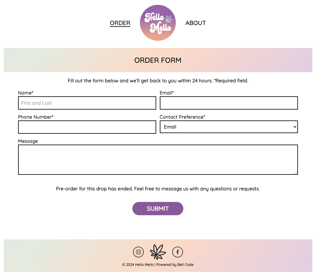The order form, currently showing that ordering has ended for this drop.